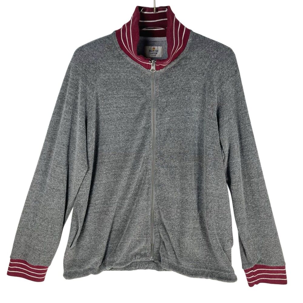 Marine Layer Men's Medium Gray Full Zip Sweatshirt Red Stripe Collar Pockets